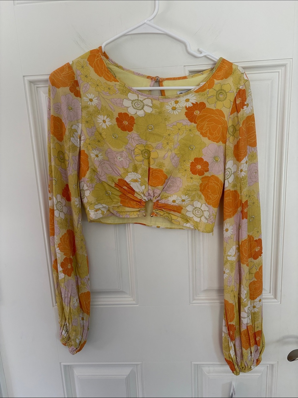 Charlie Holiday 2 or XS Floral Long Sleeve Crop Top - Yellow Orange, boho hippie